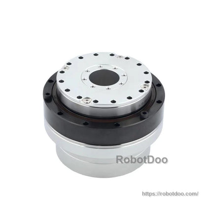 Angled top view of motor joint module highlighting front mounting plate, bolt circle, and black ring
