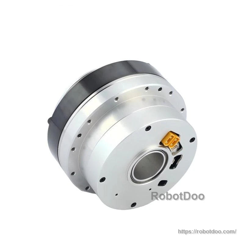 Angled underside view of motor with connector block and circular back cover