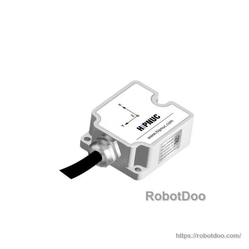 Inertial sensor module with attached cable and mounting flanges, side view (RobotDoo watermark)