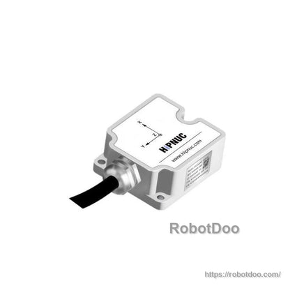 Inertial sensor module with attached cable and mounting flanges, side view (RobotDoo watermark)
