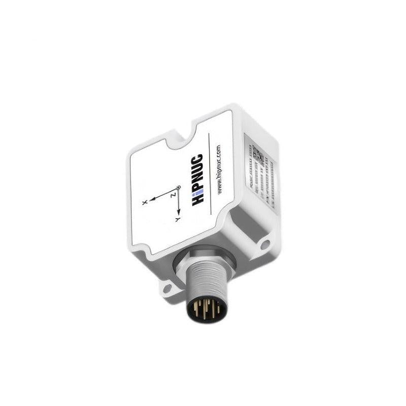 HiPNUC HI14S inertial sensor angled view showing 5-pin circular connector and side specification label