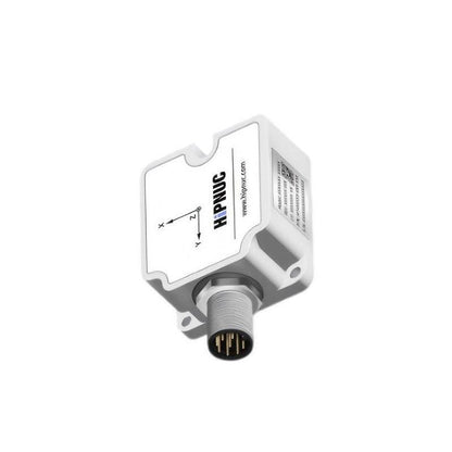 HiPNUC HI14S inertial sensor angled view showing 5-pin circular connector and side specification label