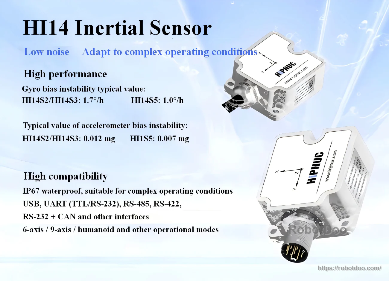 HiPNUC HI14S inertial sensor module overview with highlights for low noise, IP67 sealing, and multi-interface support