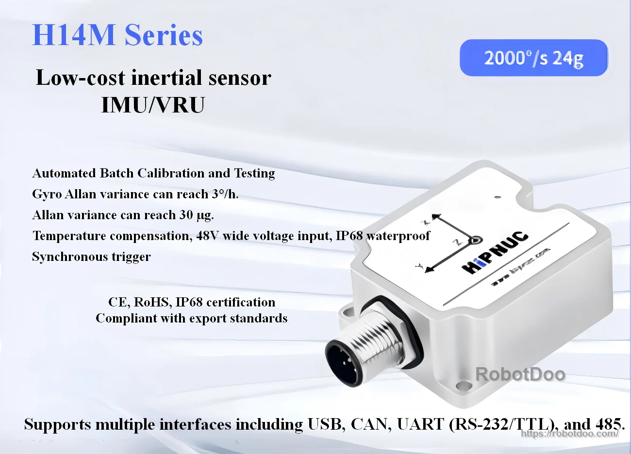 HI14M series inertial sensor promo graphic highlighting 2000°/s and 24g ranges plus interface options