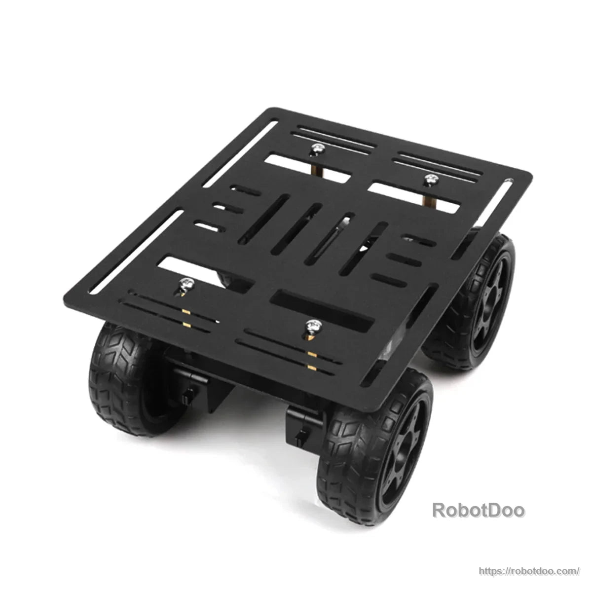 Top view of black slotted mounting plate on the assembled 4WD robot car chassis