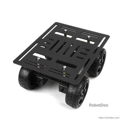 Top view of black slotted mounting plate on the assembled 4WD robot car chassis