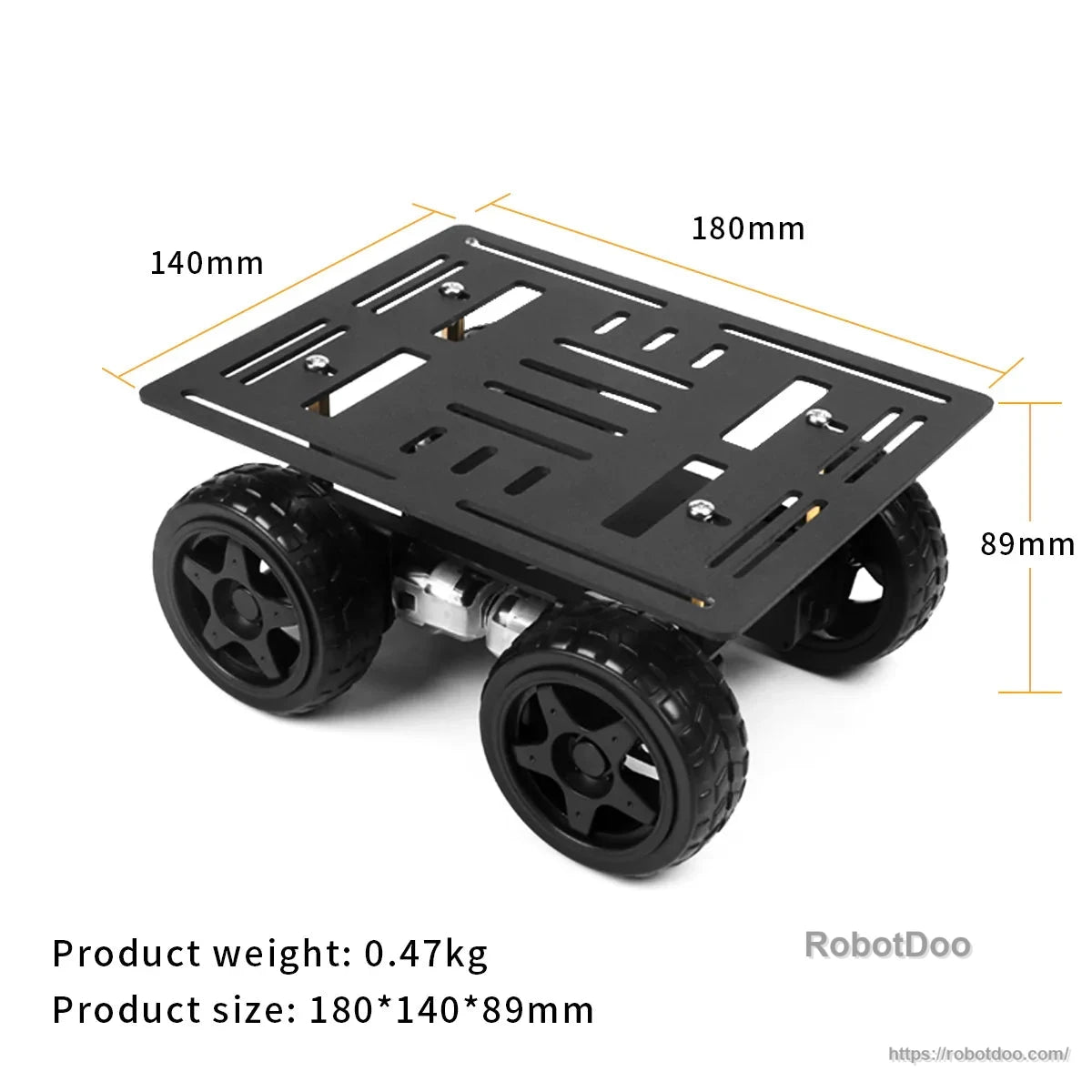 4WD robot chassis dimensions: 180 x 140 x 89 mm, with 0.47 kg product weight