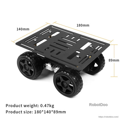4WD robot chassis dimensions: 180 x 140 x 89 mm, with 0.47 kg product weight