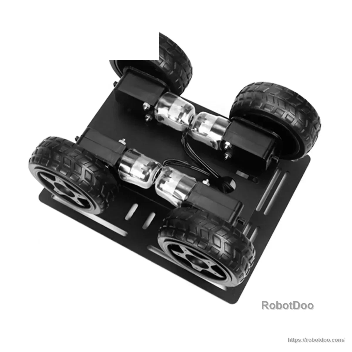 Underside of the 4WD chassis showing four TT gear motors, wheels, and wiring