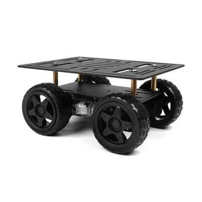 Low front-side view of the four-wheel robot chassis with raised mounting deck