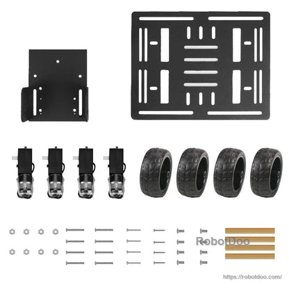 Included chassis kit parts: mounting plates, four TT gear motors, wheels, hardware, and standoffs