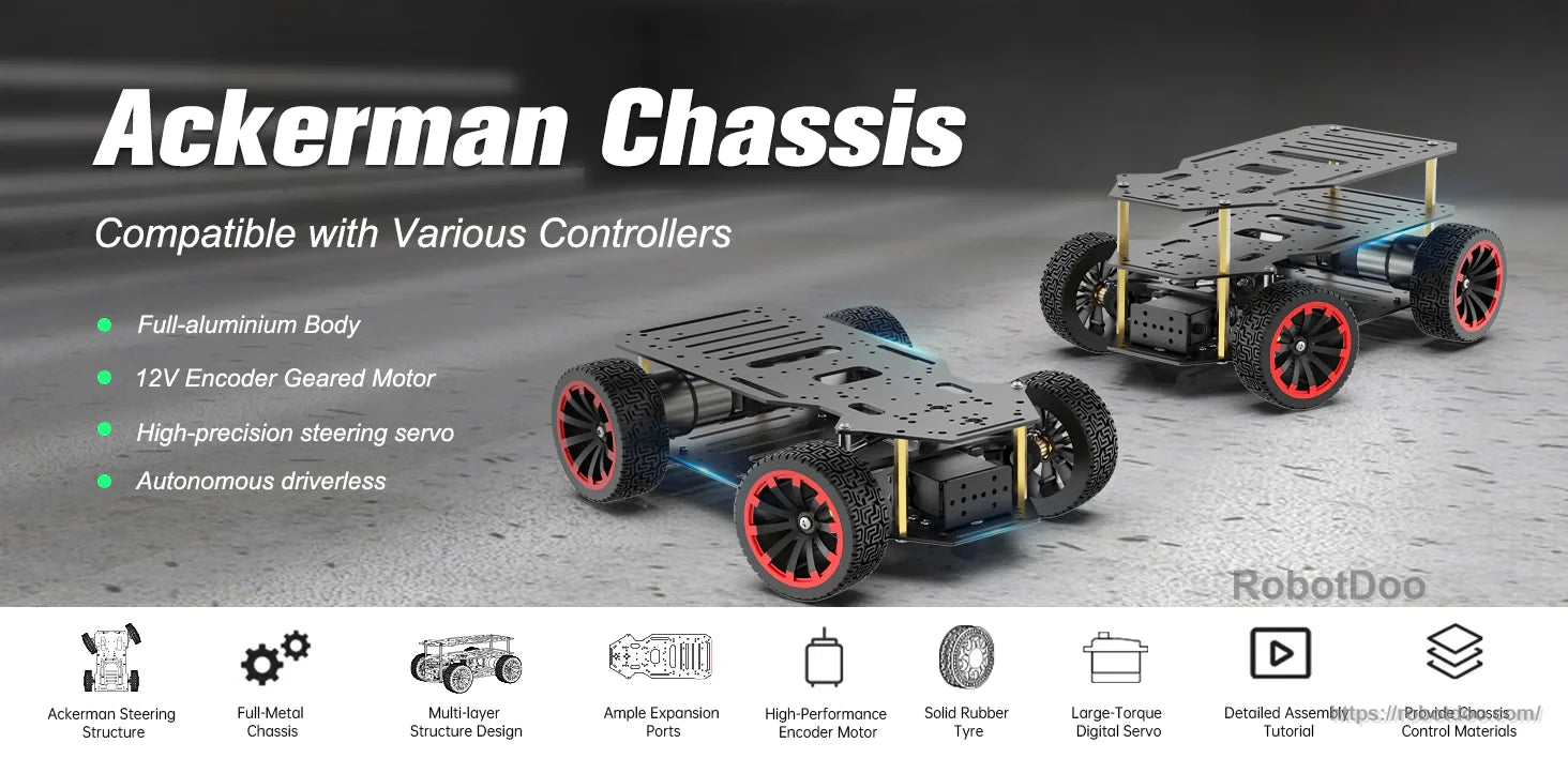 Hiwonder Ackermann Steering Robot aluminum chassis with encoder motors and front-wheel servo steering