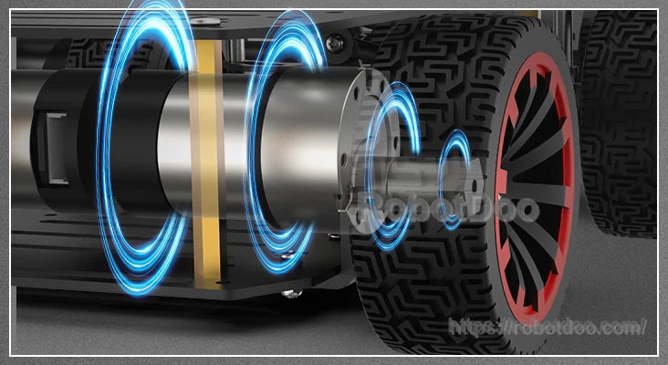 Close-up of 12V encoder geared motor and rear wheel with encoder feedback illustration