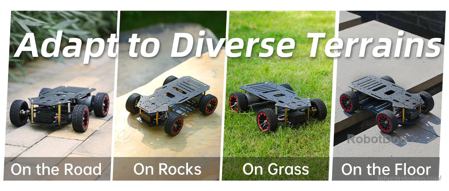 Hiwonder Ackermann chassis driving on road, rocks, grass, and indoor floor surfaces