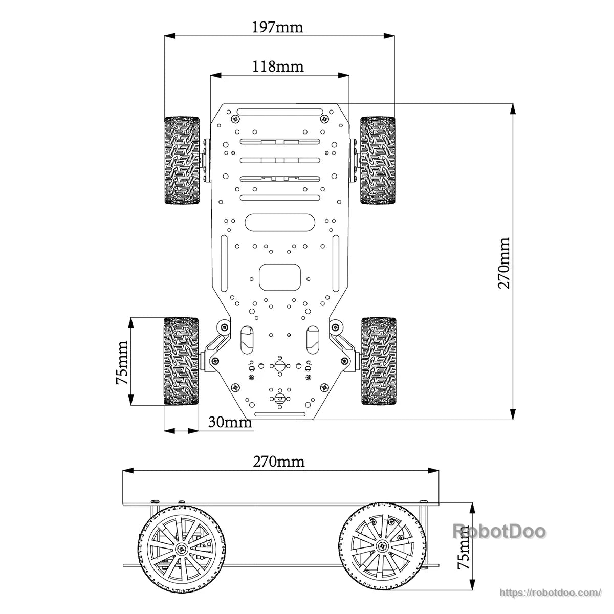 Chassis dimension drawing with 270 mm length, 197 mm width, and wheelbase measurements
