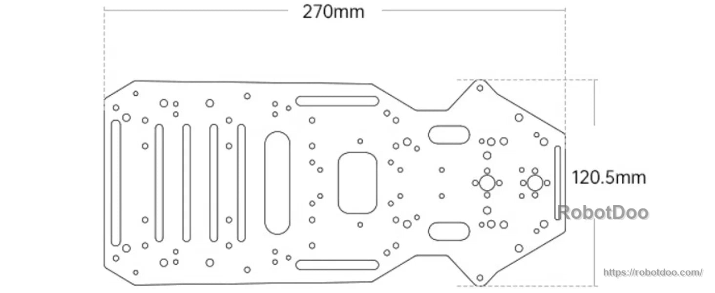 Aluminum chassis plate outline with mounting hole pattern and overall length 270 mm by 120.5 mm