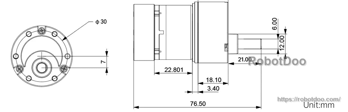 Encoder geared motor mechanical drawing with shaft diameter and body length dimensions in millimeters