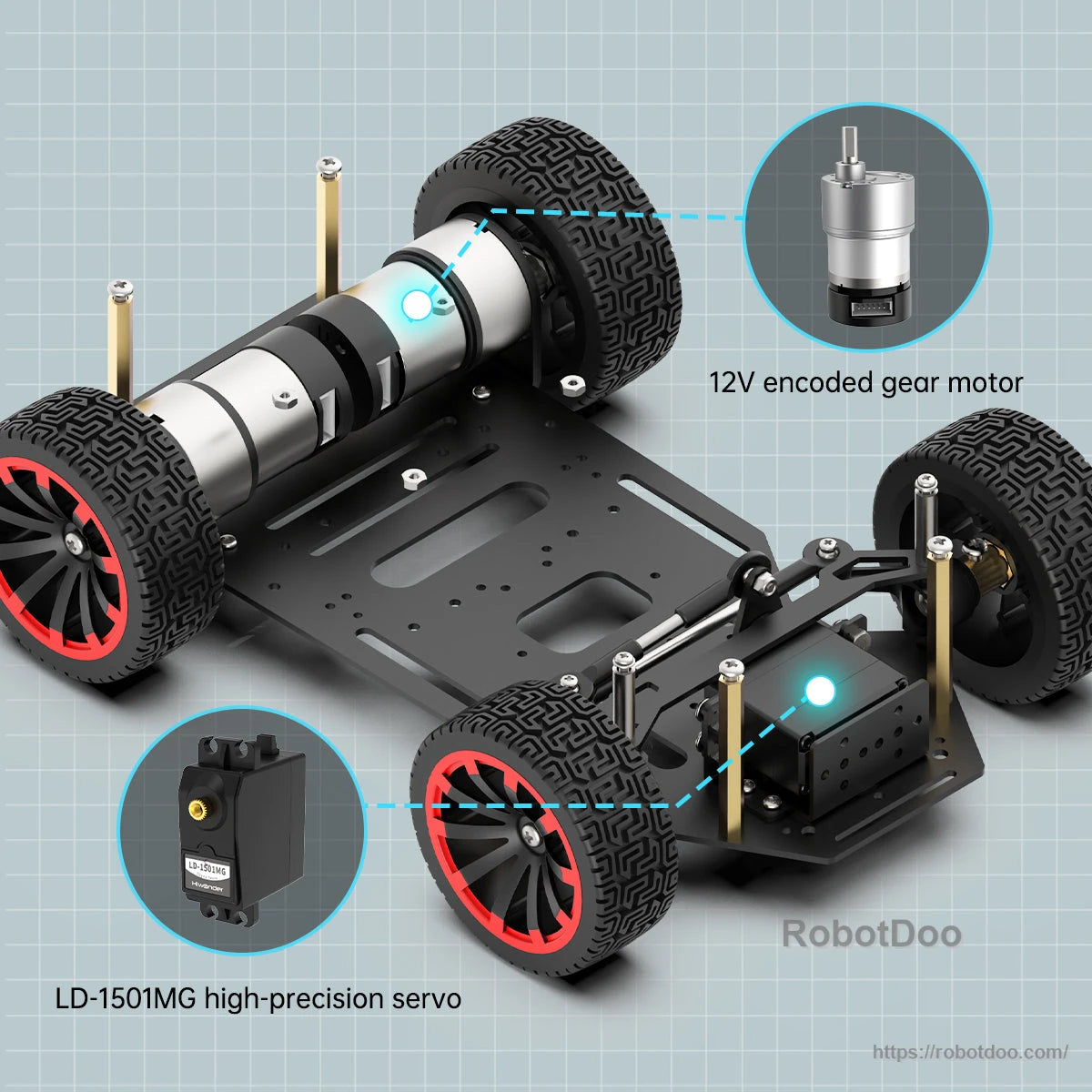 Hiwonder Ackermann Steering Robot drive system with 12V encoded gear motor and LD-1501MG servo callouts