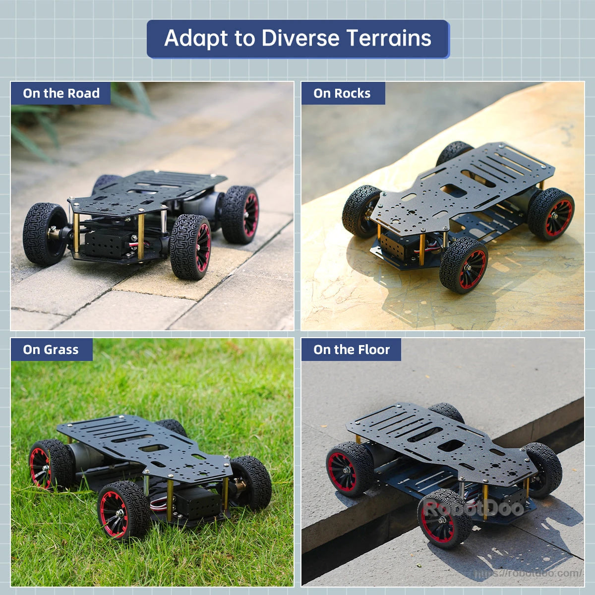 Robot car chassis driving examples on road, rocks, grass, and floor for terrain adaptation