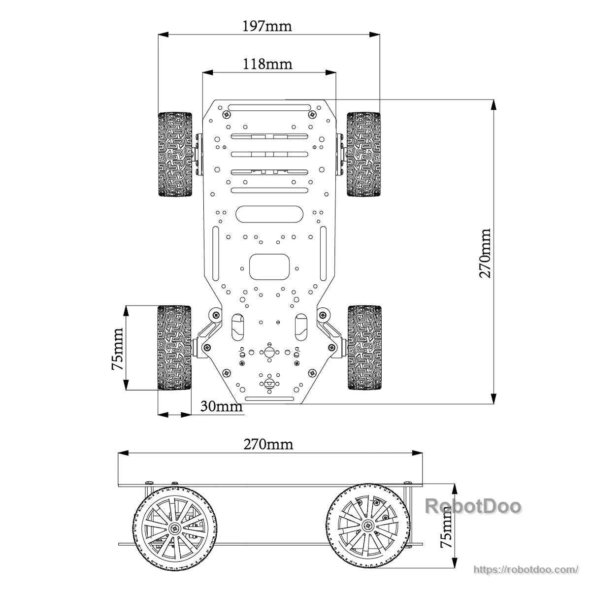 Chassis dimension drawing with top and side views showing 270 mm length and 197 mm width