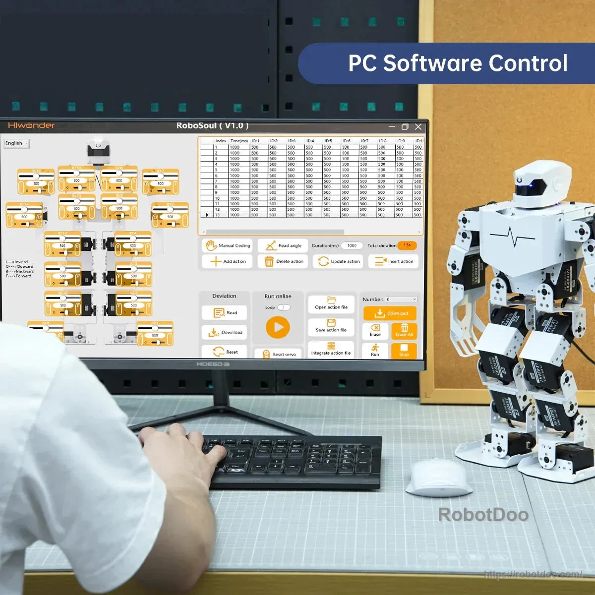 Humanoid robot beside a desktop computer running RoboSoul PC software control