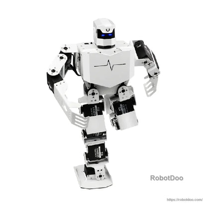White H5S humanoid robot performing a one-leg dance pose with illuminated blue eyes