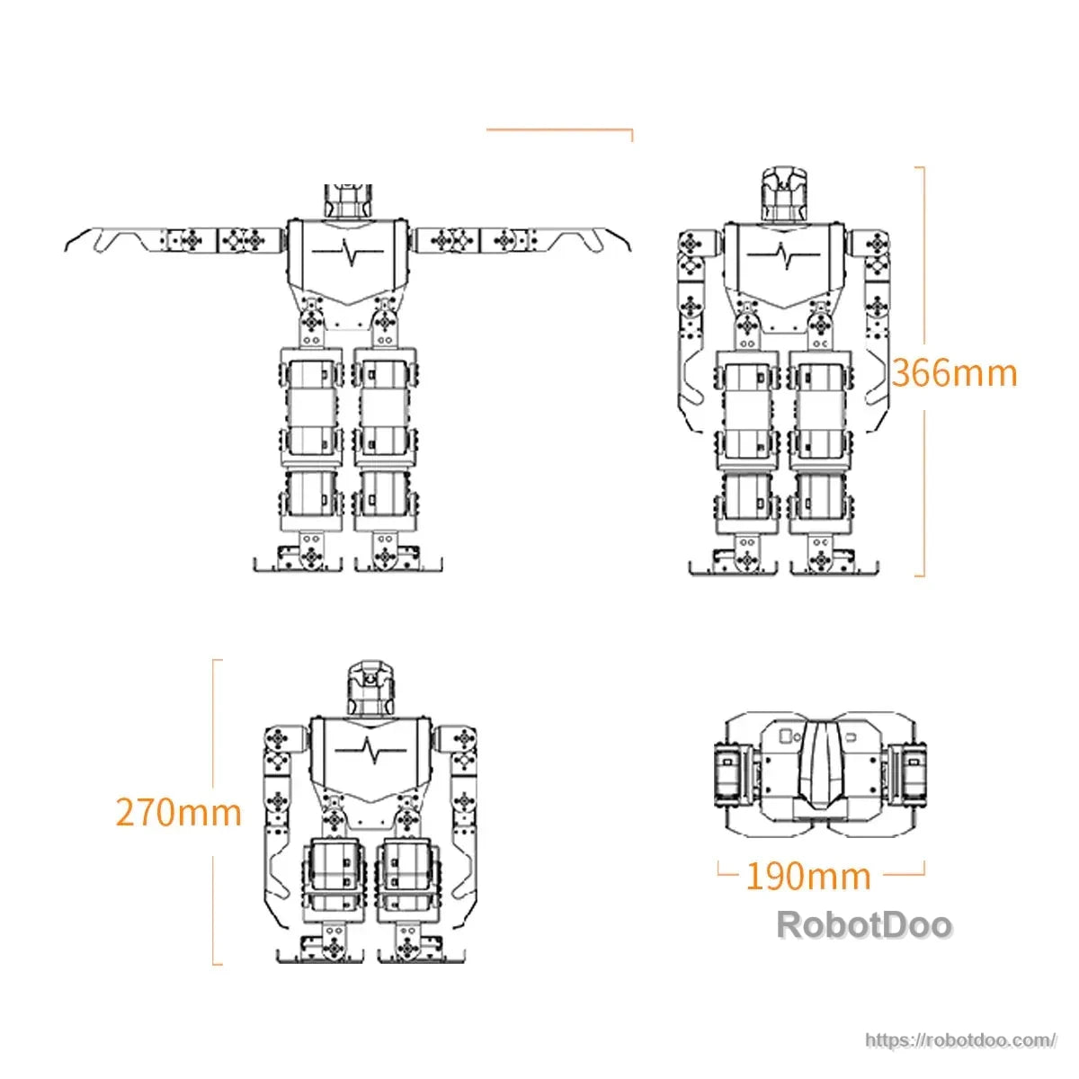 H5S humanoid robot dimensional drawing showing 366 mm height, 270 mm width, and 190 mm depth