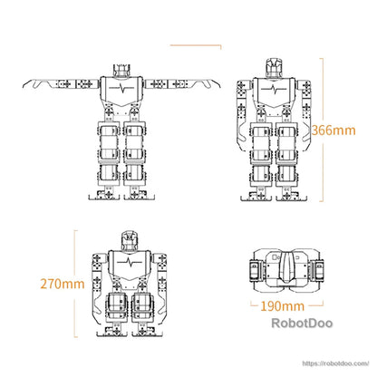H5S humanoid robot dimensional drawing showing 366 mm height, 270 mm width, and 190 mm depth