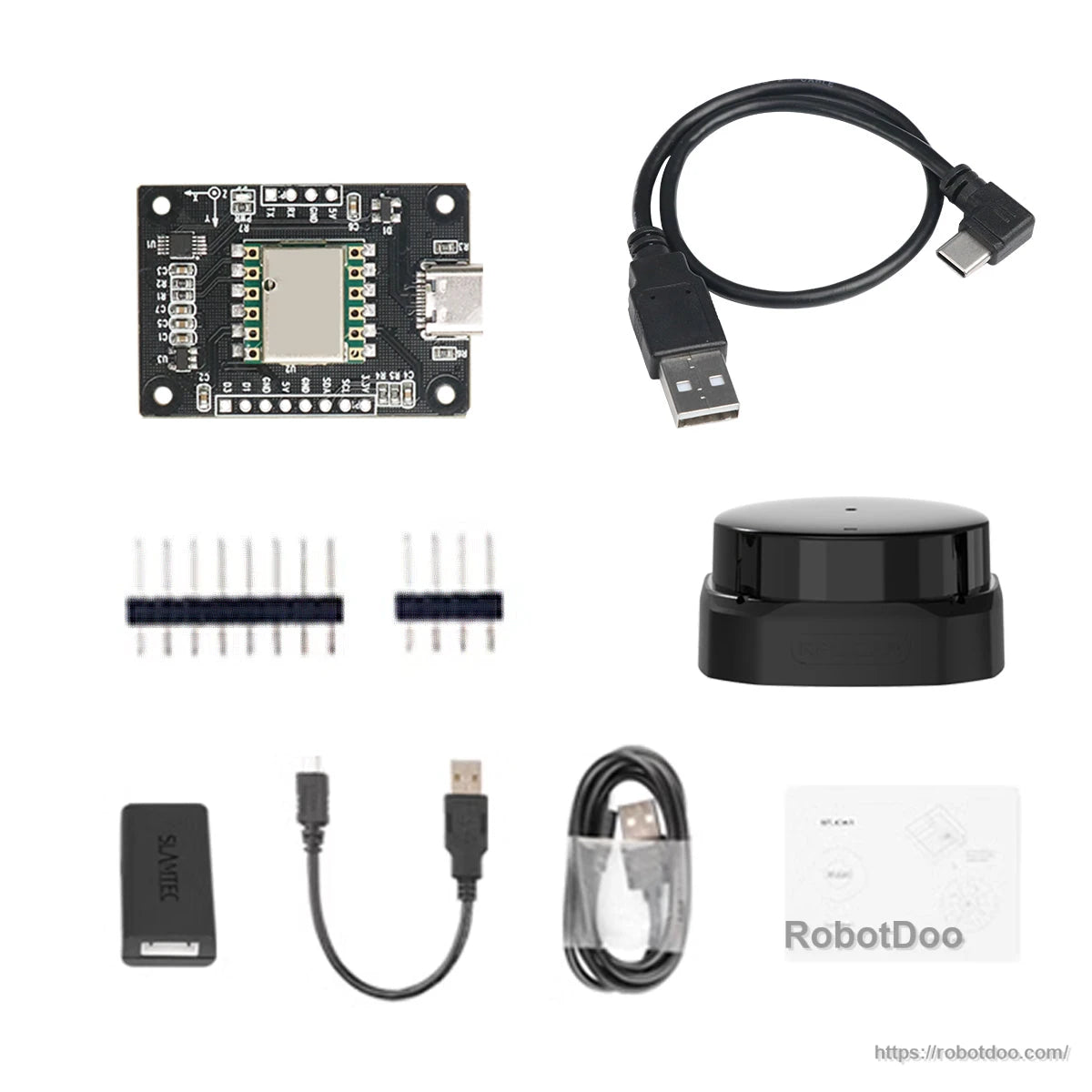 Full kit layout with IMU board, USB-C cables, pin headers, black sensor unit, and accessory parts shown