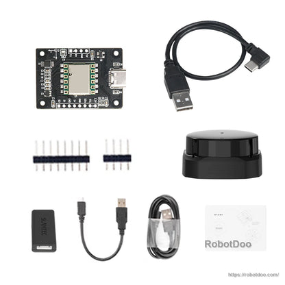 Full kit layout with IMU board, USB-C cables, pin headers, black sensor unit, and accessory parts shown