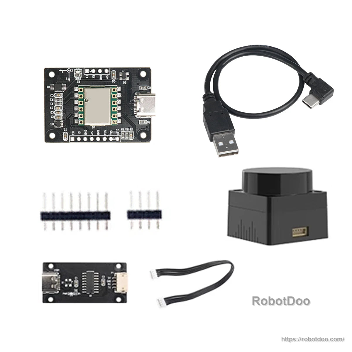 Kit contents with IMU board, USB-C cable, pin headers, small interface board with two cables, and a black sensor unit