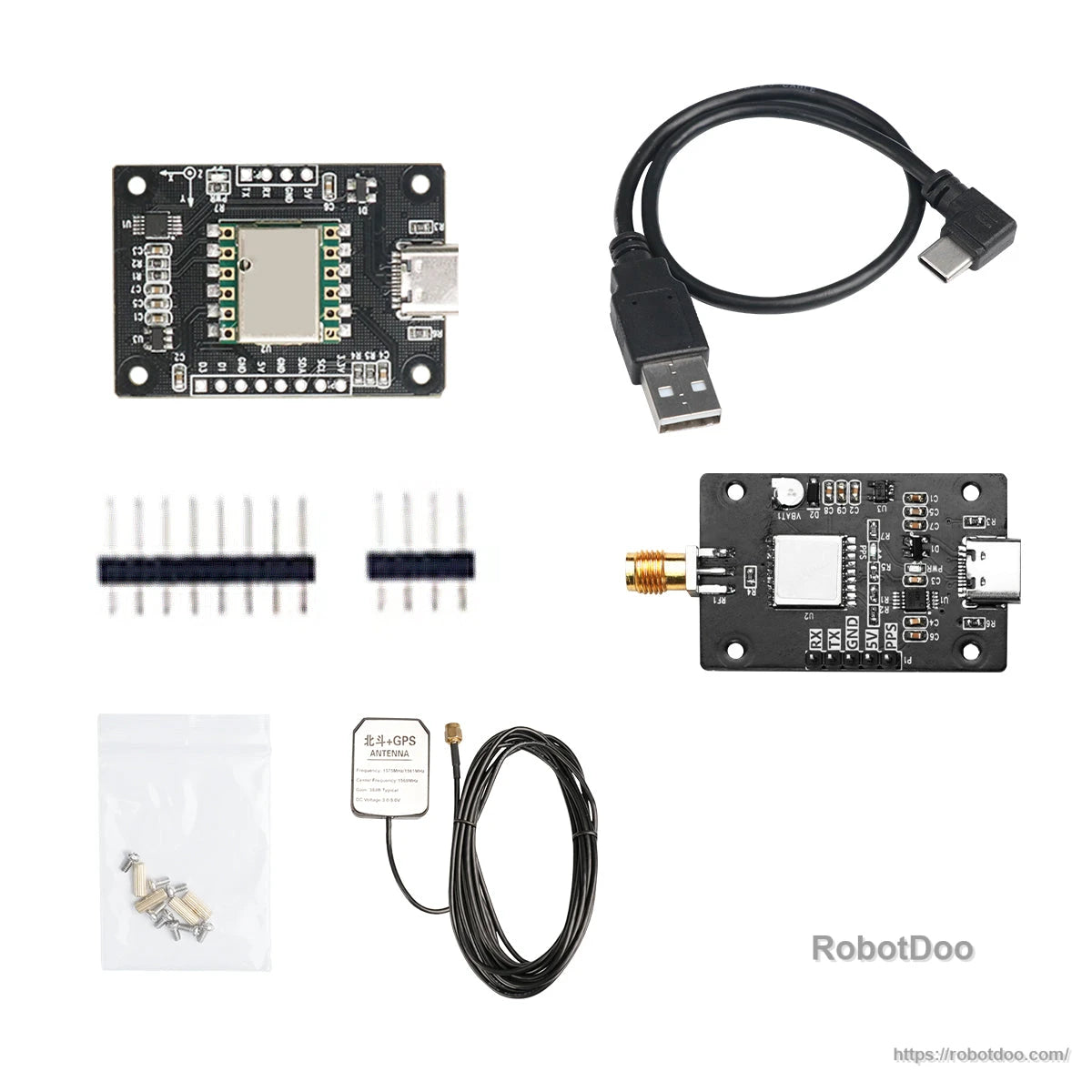 Expanded kit contents showing IMU board, USB-C cable, SMA-connector board, GPS antenna, screws and pin headers