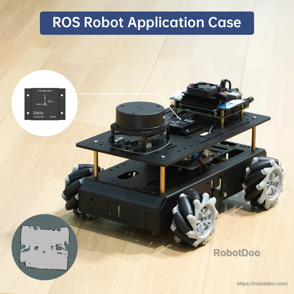 ROS robot application example showing IM10A module installed on a wheeled mobile robot chassis