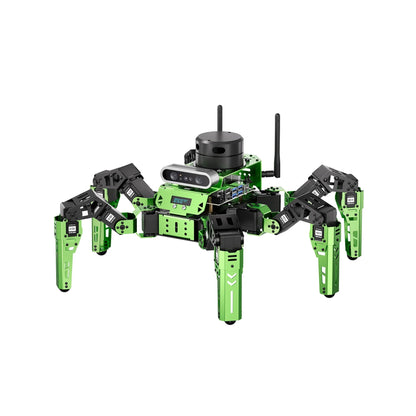 Hiwonder JetHexa ROS Hexapod Robot with six green legs, 3D depth camera, lidar, and antennas