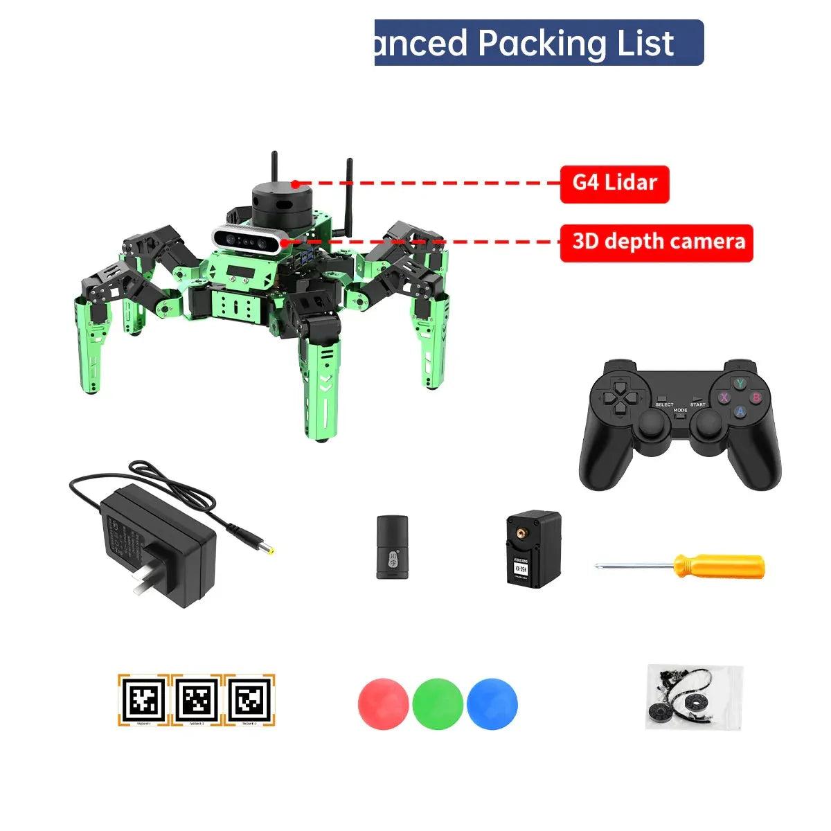 Hiwonder JetHexa ROS Hexapod Robot advanced kit packing list with controller, charger, tools, and sensors