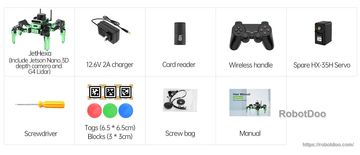 Hiwonder JetHexa ROS hexapod robot kit contents with servo, charger, controller, tools, screw bag and manual