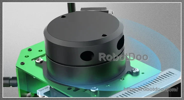 Top-mounted lidar sensor on the green aluminum JetHexa hexapod robot chassis