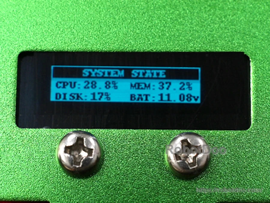 Hiwonder JetHexa ROS hexapod robot status display showing CPU, memory, disk usage, and 11.08V battery