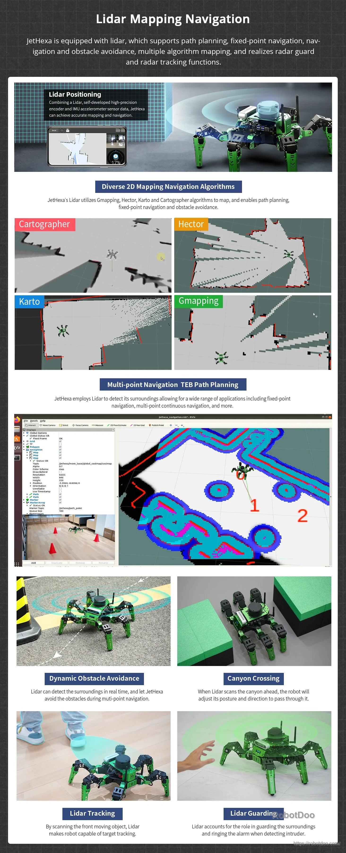 ROS lidar mapping and navigation examples for the JetHexa hexapod robot