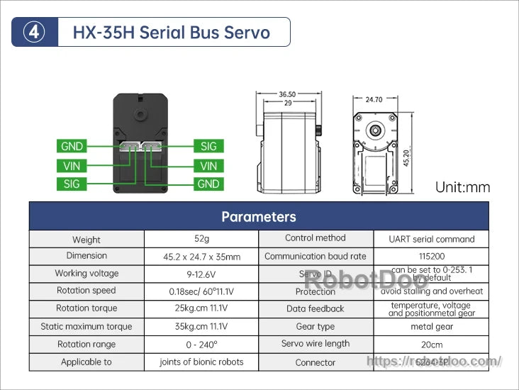 HX-35H serial bus servo with GND, VIN and SIG wiring layout, 45.2 × 24.7 × 35 mm dimensions and parameters
