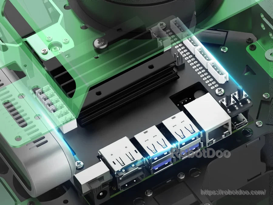 Hiwonder JetHexa ROS hexapod robot close-up with Raspberry Pi, dual USB ports, Ethernet and GPIO header