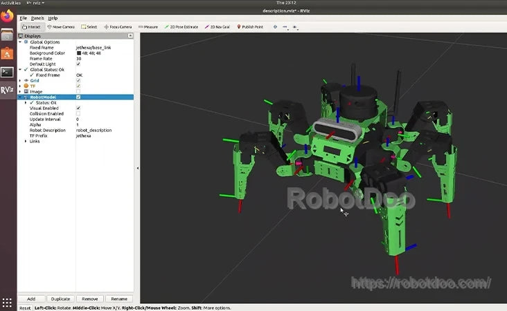 Blender view of Hiwonder JetHexa ROS hexapod robot model with six green articulated legs and black body