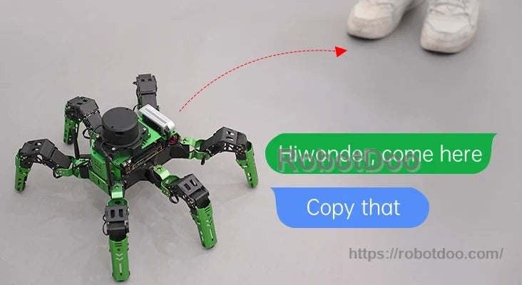 Hiwonder JetHexa ROS hexapod robot with six green-and-black articulated legs and speech command overlay