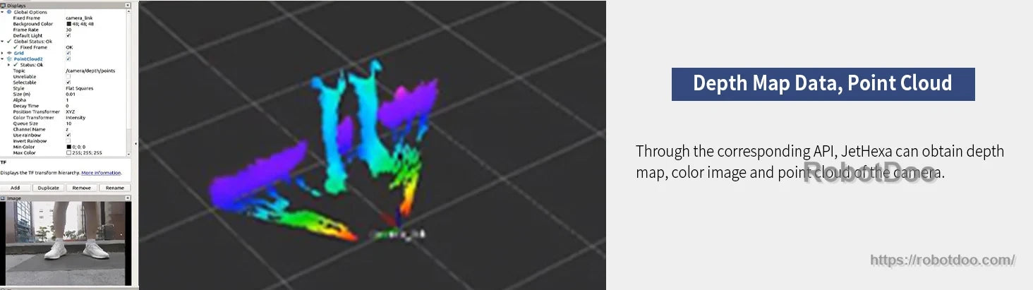 JetHexa depth camera point-cloud display and depth-map data in RViz