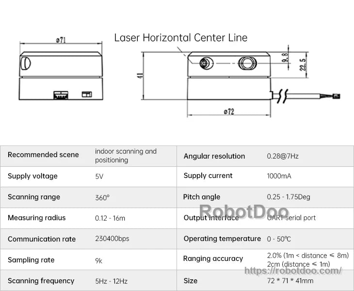 Laser scanning sensor for Hiwonder JetHexa ROS hexapod with 360° scan range and 72 × 71 × 41 mm size