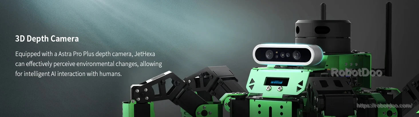 JetHexa robot front view highlighting the Astra Pro Plus 3D depth camera