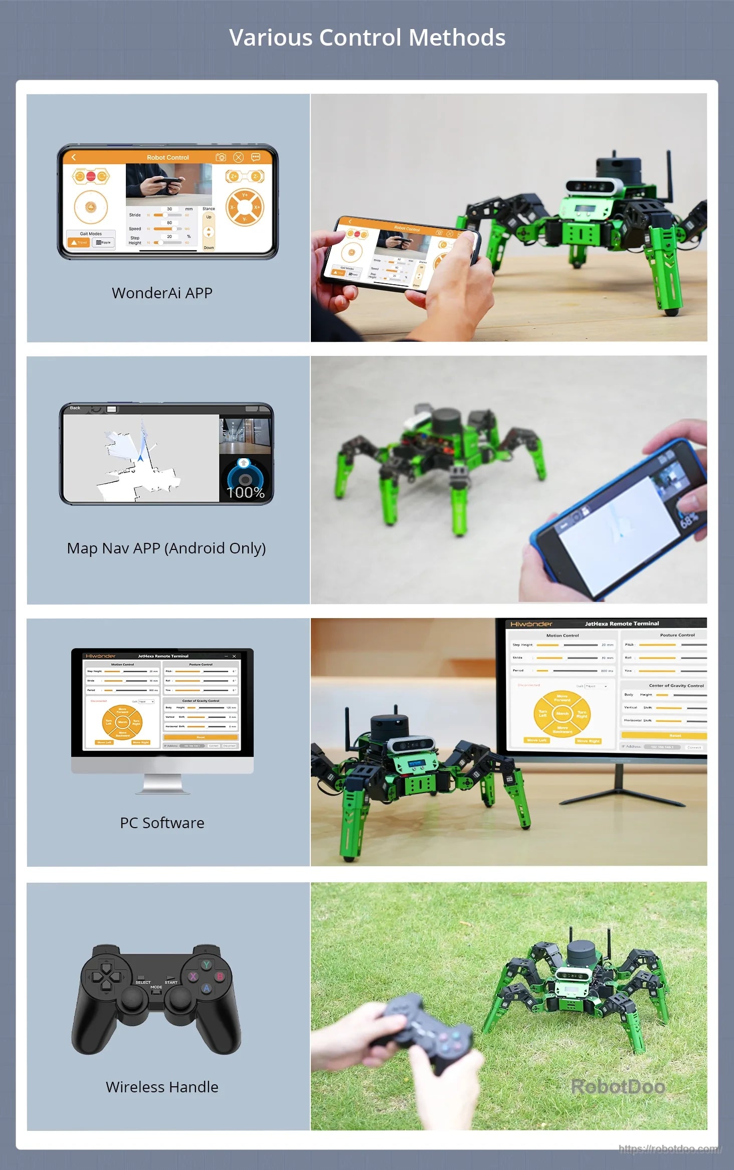 Hiwonder JetHexa ROS hexapod robot with mobile app, PC software and wireless gamepad control options