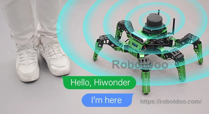 Hiwonder JetHexa ROS hexapod robot with six articulated legs, top-mounted sensor and wireless communication graphic