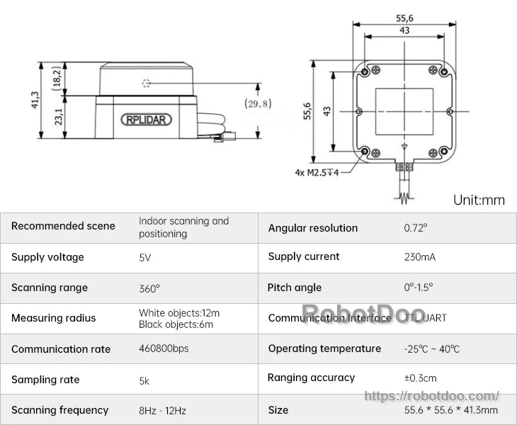 RPLIDAR 360° laser scanner module with 55.6 mm square housing and 5V indoor positioning specifications