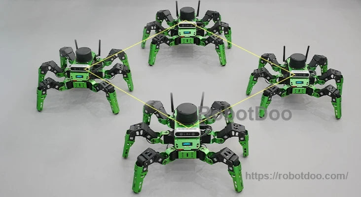 Four Hiwonder JetHexa ROS hexapod robots with green legs and black sensor-mounted bodies